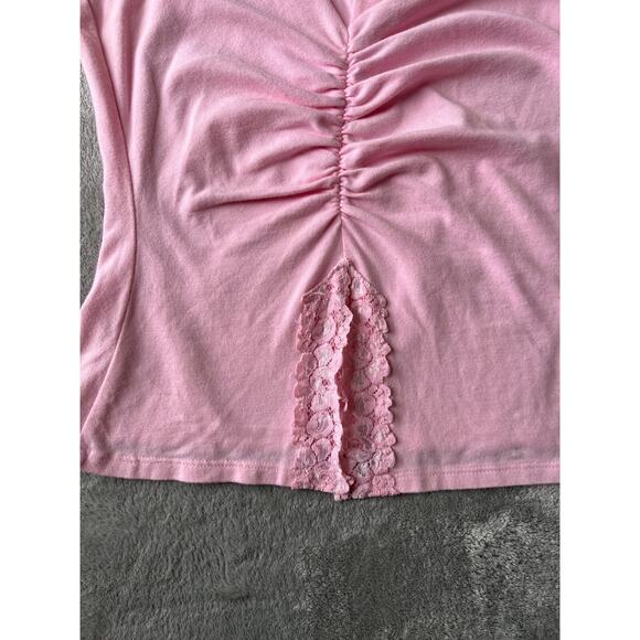 Vintage Y2K Pink Cami Tank Top Large USA Ruched Lace Fairy Dainty Stretchy 2000s - Picture 4 of 13